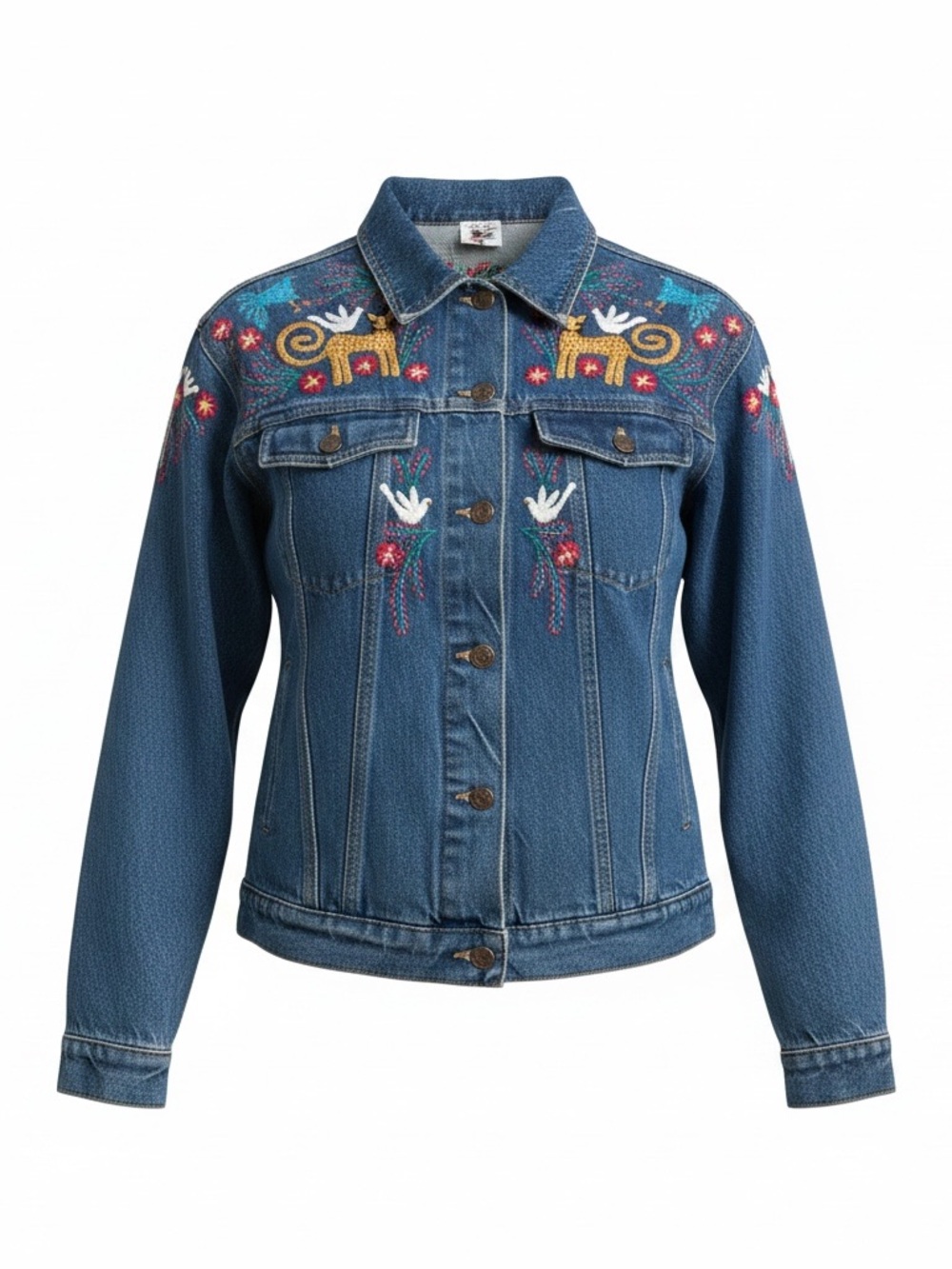 Vintage Los Manos Women's Hand Embroidered Denim Jacket - Medium
